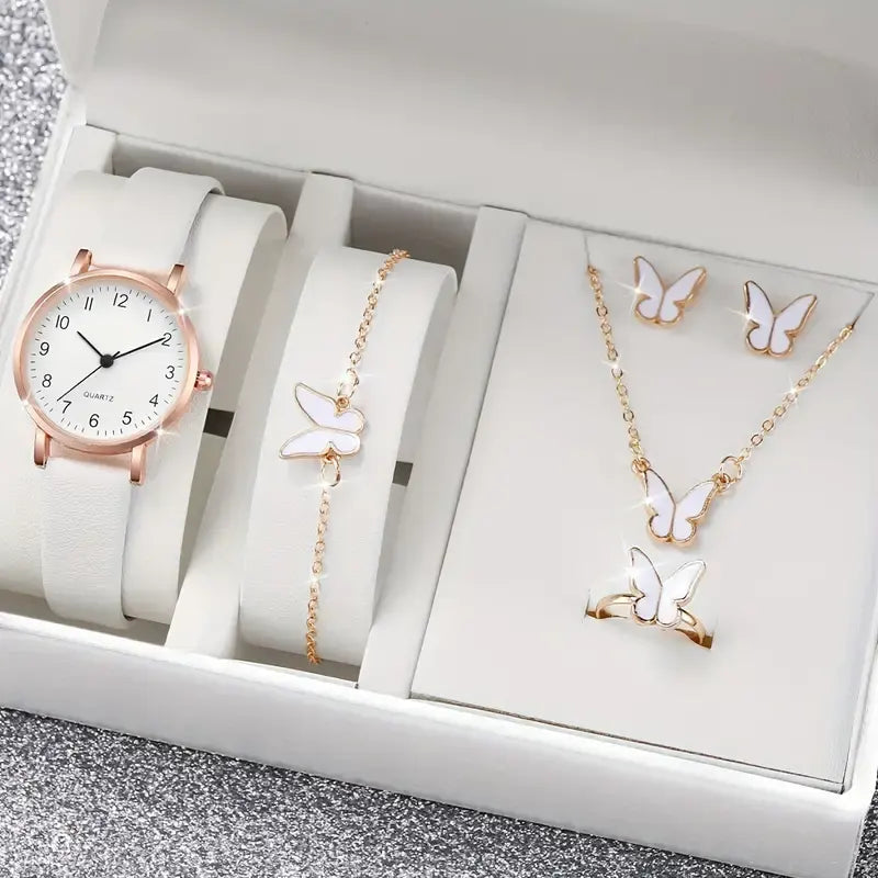 6Pcs/Set Leather Wrist Watches Butterfly Jewelry Set